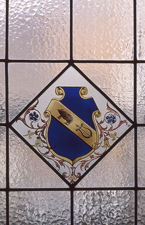 Detail of a stained-glass window with the Erizzo coat of arms